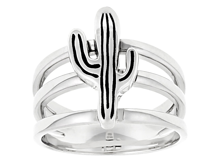 Rhodium Over Sterling Silver Cactus Motif Ring