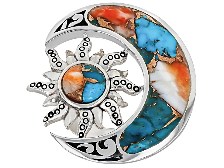 Blended Turquoise With Spiny Oyster Shell Sterling Silver Moon & Sun Ring