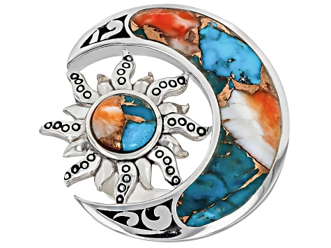 Blended Turquoise With Spiny Oyster Shell Sterling Silver Moon & Sun Ring