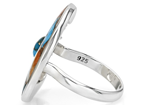Blended Turquoise With Spiny Oyster Shell Sterling Silver Moon & Sun Ring