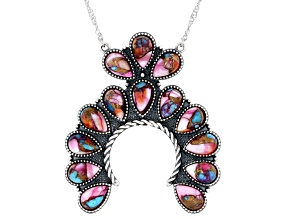 Blended Composite Turquoise with Purple Spiny Oyster Shell Silver Squash Blossom Necklace