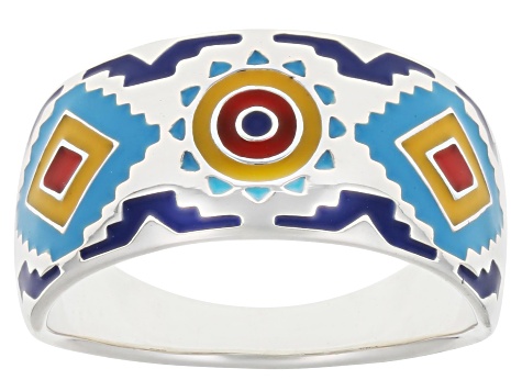 Multi-Color Enamel Sterling Silver Aztec Design Band Ring