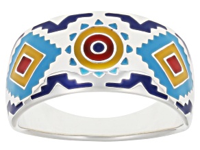 Multi-Color Enamel Sterling Silver Aztec Design Band Ring