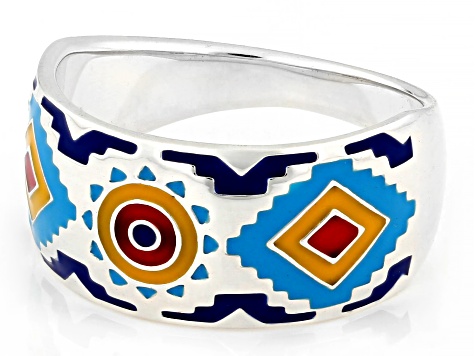 Multi-Color Enamel Sterling Silver Aztec Design Band Ring