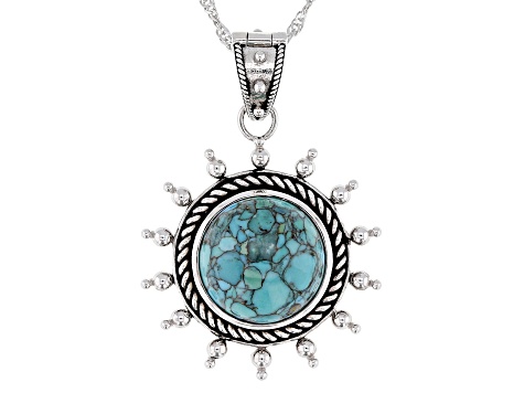 14mm Blue Composite Turquoise Sterling Silver Sun Enhancer Pendant With 18" Singapore Chain