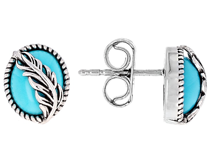 Sleeping Beauty Turquoise Sterling Silver Feather Stud Earrings 9x7mm