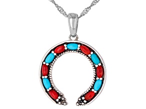 Kingman Turquoise & Coral Rhodium Over Sterling Silver Naja Pendant With Chain, 4x2mm