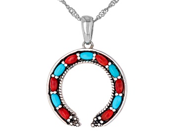 Picture of Kingman Turquoise & Coral Rhodium Over Sterling Silver Naja Pendant With Chain, 4x2mm