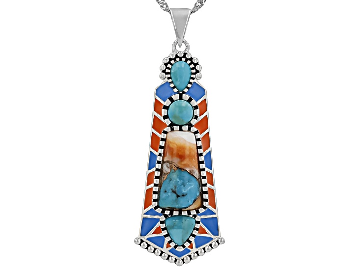 Spiny Oyster Shell With Composite Turquoise And Enamel Sterling Silver Pendant With Chain