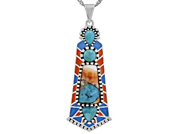 Picture of Spiny Oyster Shell With Composite Turquoise And Enamel Sterling Silver Pendant With Chain