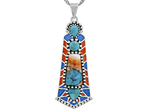 Spiny Oyster Shell With Composite Turquoise And Enamel Sterling Silver Pendant With Chain