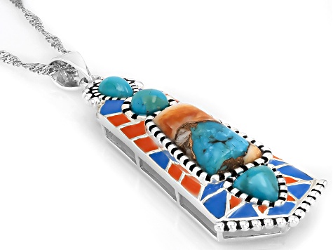 Spiny Oyster Shell With Composite Turquoise And Enamel Sterling Silver Pendant With Chain