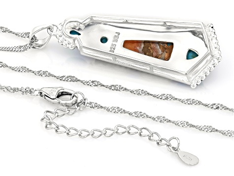 Spiny Oyster Shell With Composite Turquoise And Enamel Sterling Silver Pendant With Chain