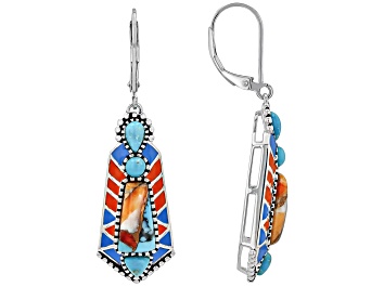 Picture of Spiny Oyster With Blue Composite Turquoise and Enamel Sterling Silver Dangle Earrings, 12x6mm