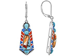 Spiny Oyster With Blue Composite Turquoise and Enamel Sterling Silver Dangle Earrings, 12x6mm