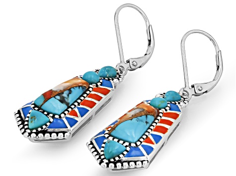 Spiny Oyster With Blue Composite Turquoise and Enamel Sterling Silver Dangle Earrings, 12x6mm