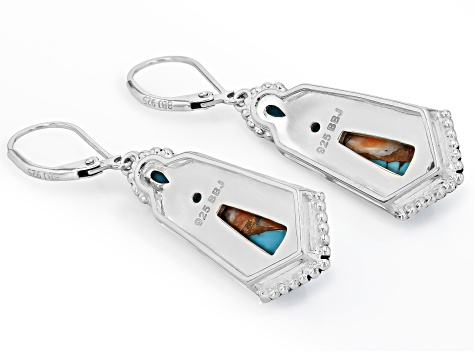 Spiny Oyster With Blue Composite Turquoise and Enamel Sterling Silver Dangle Earrings, 12x6mm