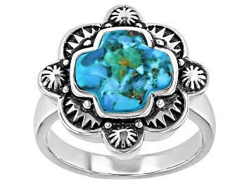 Picture of Blue Turquoise Sterling Silver Modern Cross Ring 10x10mm