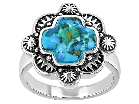Blue Turquoise Sterling Silver Modern Cross Ring 10x10mm
