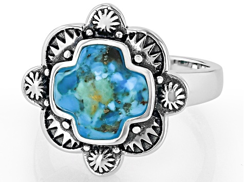 Blue Turquoise Sterling Silver Modern Cross Ring 10x10mm