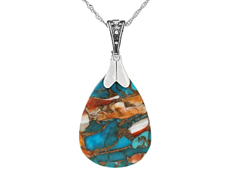 Turquoise & Spiny Oyster Shell Rhodium Over Silver Enhancer Pendant With 18" Singapore Chain 35x22mm