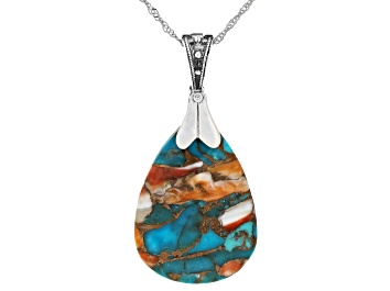 Picture of Turquoise & Spiny Oyster Shell Rhodium Over Silver Enhancer Pendant With 18" Singapore Chain 35x22mm