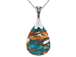 Turquoise & Spiny Oyster Shell Rhodium Over Silver Enhancer Pendant With 18" Singapore Chain 35x22mm