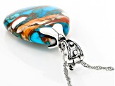 Turquoise & Spiny Oyster Shell Rhodium Over Silver Enhancer Pendant With 18" Singapore Chain 35x22mm