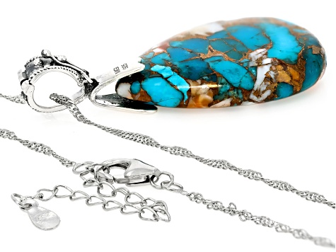 Turquoise & Spiny Oyster Shell Rhodium Over Silver Enhancer Pendant With 18" Singapore Chain 35x22mm