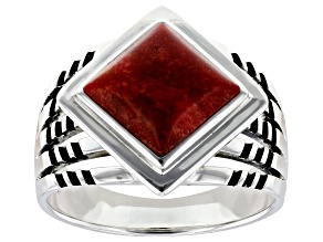Coral Oxidized Sterling Silver Ring 8x8mm