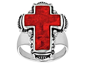 Coral Sterling Silver Cross Ring 20x13mm