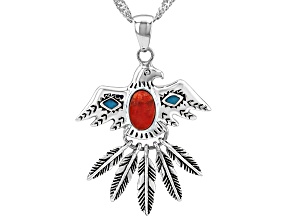 Coral & Composite Turquoise Sterling Silver Eagle Pendant With 18" Singapore Chain 8x6mm