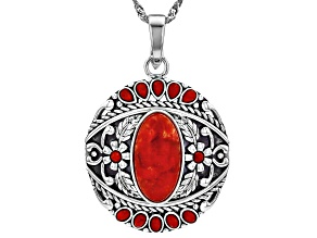 Red Coral Multi-Stone Sterling Silver Enhancer With 18" Singapore Chain 17x8.7mm