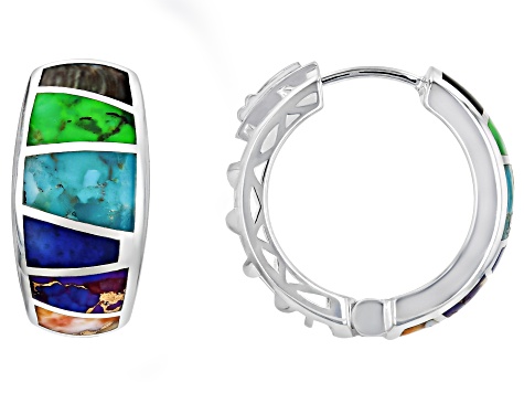 Multi-Gemstone Sterling Silver Inlay Huggie Earrings