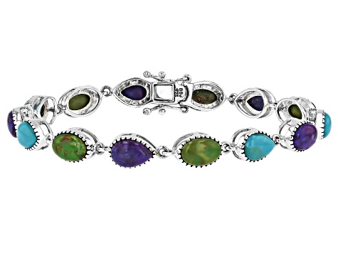 Multi-Color Composite Turquoise Sterling Silver Station Bracelet 8x5mm