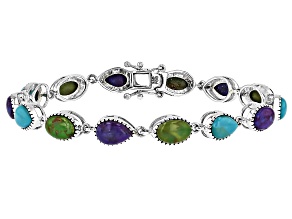 Multi-Color Composite Turquoise Sterling Silver Station Bracelet 8x5mm