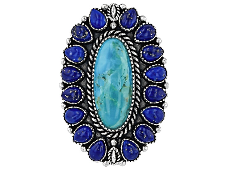 Composite Blue Turquoise & Lapis Sterling Silver Halo Ring 18x7mm