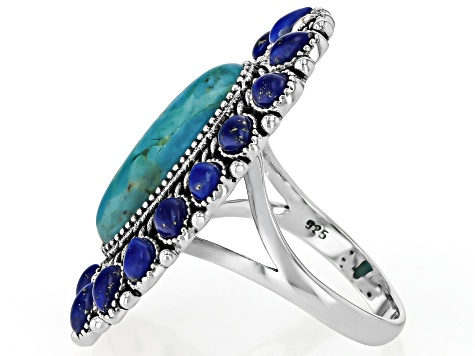 Composite Blue Turquoise & Lapis Sterling Silver Halo Ring 18x7mm
