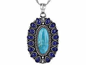 Turquoise & Lapis Sterling Silver Halo Pendant With 18" Singapore Chain 18x7mm