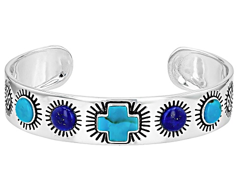 Blue Composite Turquoise & Lapis Lazuli Sterling Silver Cross Cuff Bracelet, 7mm, 11x11mm