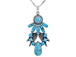 Mixed Shape Turquoise Sterling Silver Bird Feather Motif Pendant With 18" Singapore Chain, 13x6mm