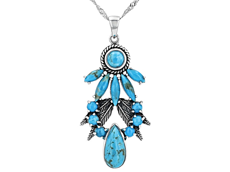 Mixed Shape Turquoise Sterling Silver Bird Feather Motif Pendant With 18" Singapore Chain, 13x6mm