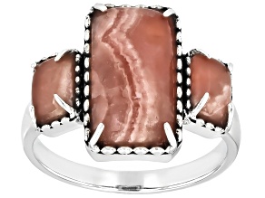 Rhodochrosite Sterling Silver 3-Stone Ring, 14x7mm, 6x4mm