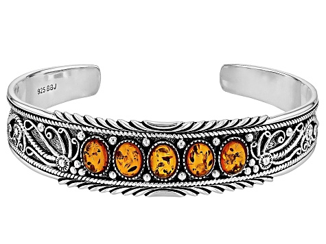 Amber Sterling Silver Oxidized Bangle Bracelet, 8x6mm