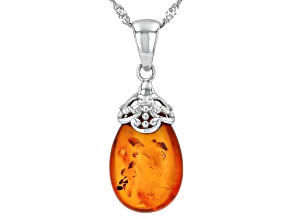 Amber Rhodium Over Sterling Silver Pendant With 18" Singapore Chain, 17x11mm