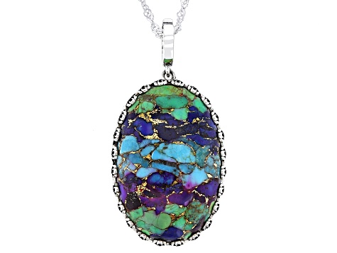 Blended Multi-Color Turquoise Sterling Silver Enhancer With 18" Chain, 30x20mm
