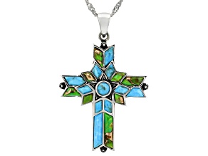 Mixed Shaped Blue & Green Turquoise Sterling Silver Cross Pendant W/ 18"Chain