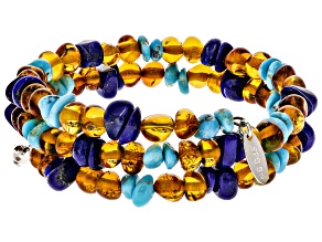 Sleeping Beauty Turquoise, Amber, Lapis Nugget, Silver Tone & Sterling Silver Coil Bracelet