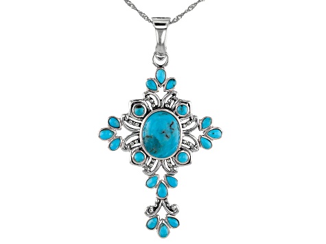 Blue Turquoise Sterling Silver Cross Enhancer/Pendant With Chain