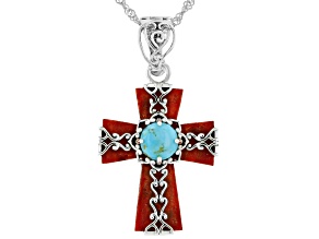 Coral & 7mm Blue Composite Turquoise Sterling Silver Cross Pendant With 18" Singapore Chain